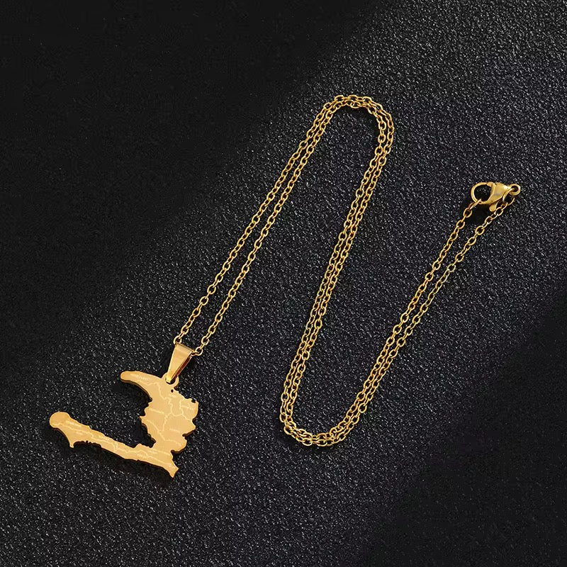 Haiti Map Necklace | Waterproof Stainless Steel Pendant Chain 20 Inch