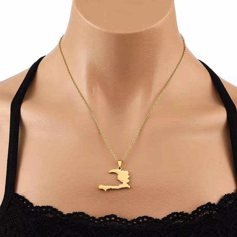 Haiti Map Necklace | Waterproof Stainless Steel Pendant Chain 20 Inch